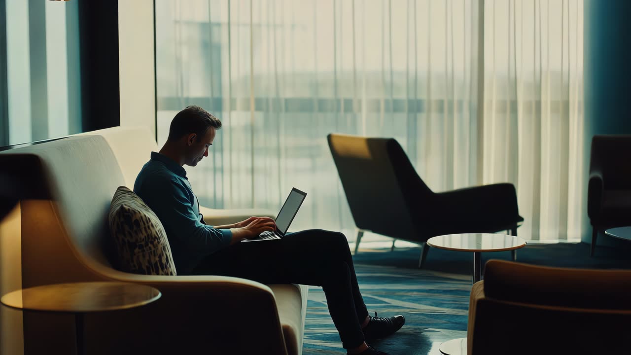 Operator working on a laptop, overlaid with a connected-systems grid