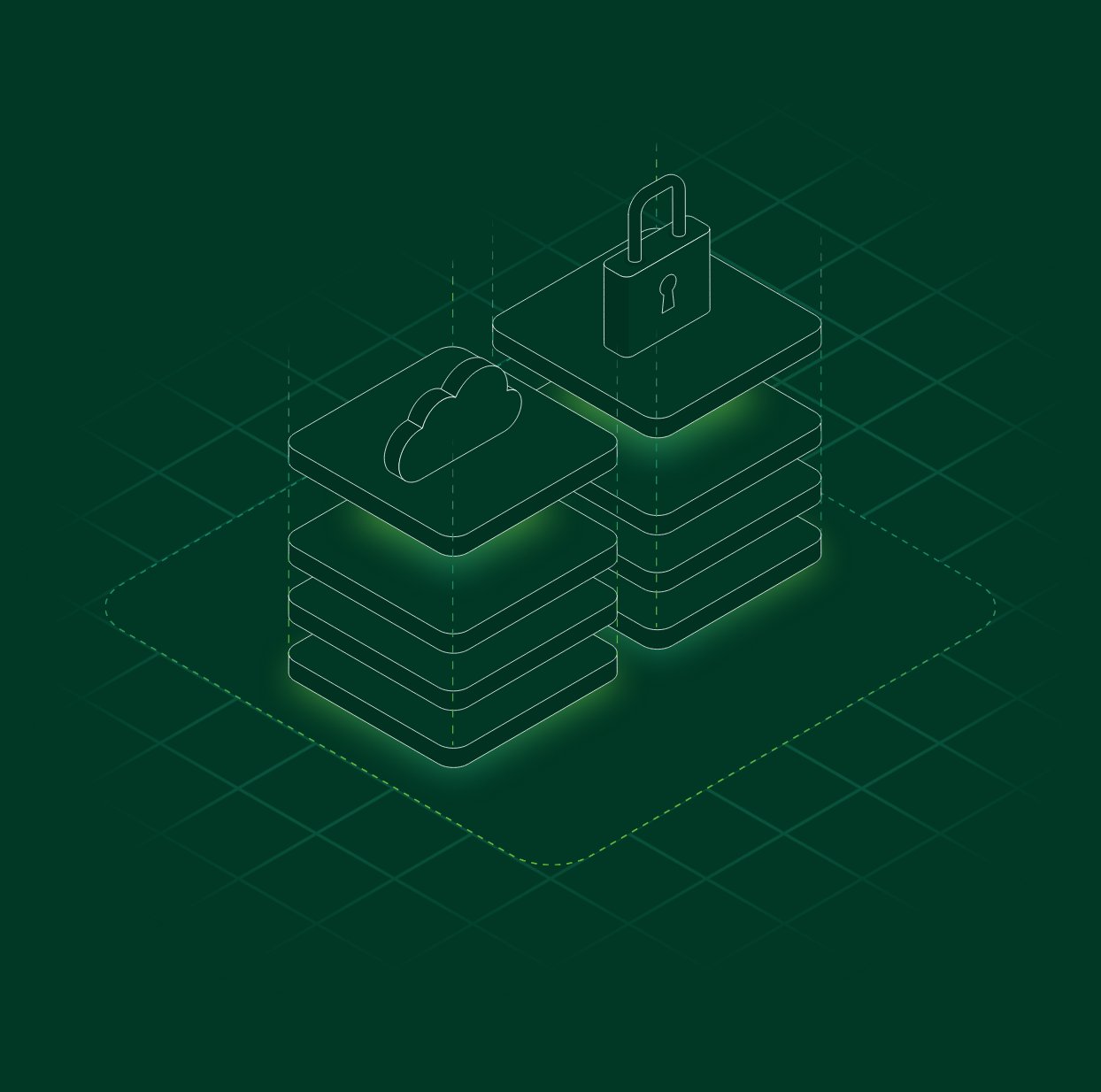 Isometric illustration of secured, stacked data layers protected by a lock